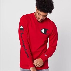Vintage Champion Sweatshirt Mens M Red Knit Spell Out Signature Logo Embroidered